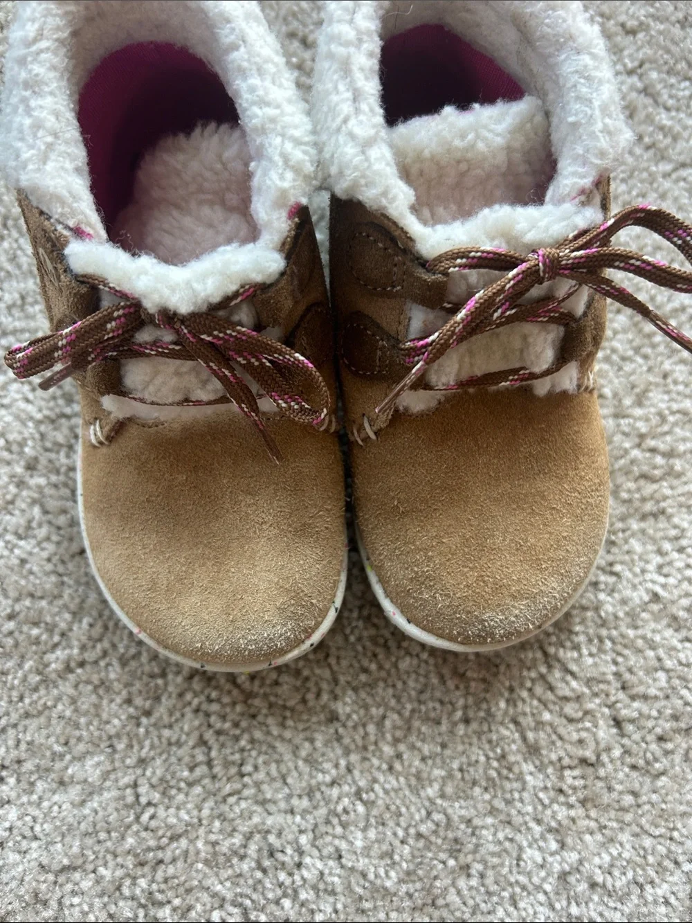 Merrell Brown Faux-Suede Kids Boots with Pink-Trim Laces